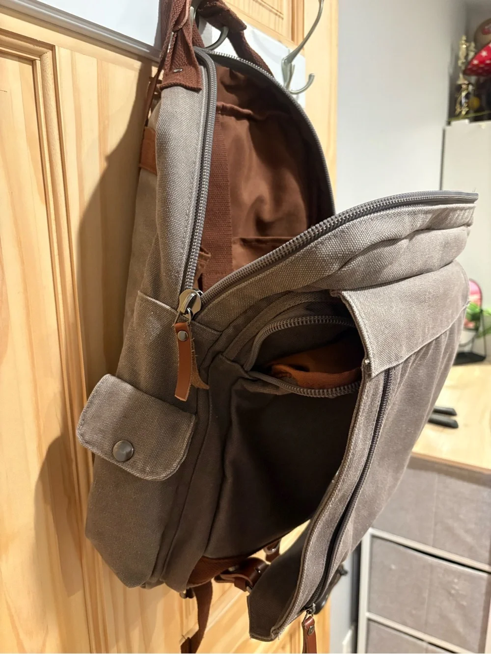 Gadnic Gray Canvas Backpack with Leather Accents